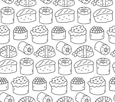 Kusursuz bir arka plan ve suşi elle çizilmiş karalamalar. Contour çizimi, ana hatları farklı Asya yemekleri suşi ruloları basit çizgi vektör illüstrasyon fon, baskı, duvar kağıdı.