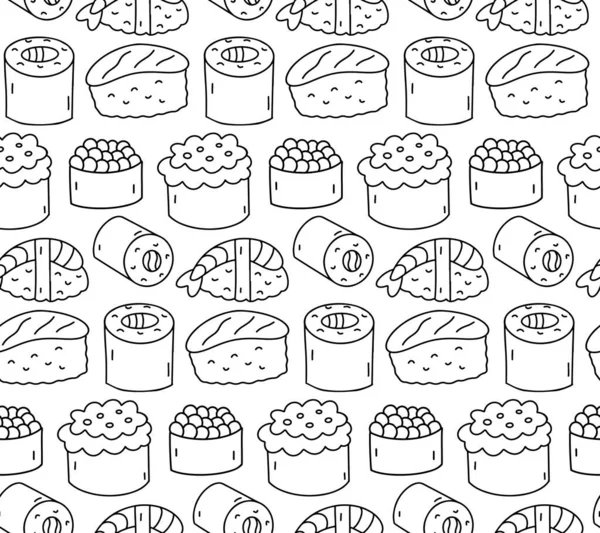 Kusursuz bir arka plan ve suşi elle çizilmiş karalamalar. Contour çizimi, ana hatları farklı Asya yemekleri suşi ruloları basit çizgi vektör illüstrasyon fon, baskı, duvar kağıdı.