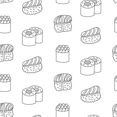 Kusursuz bir arka plan ve suşi elle çizilmiş karalamalar. Contour çizimi, basit çizgi vektör arkaplanı, yazdırma, duvar kağıdı