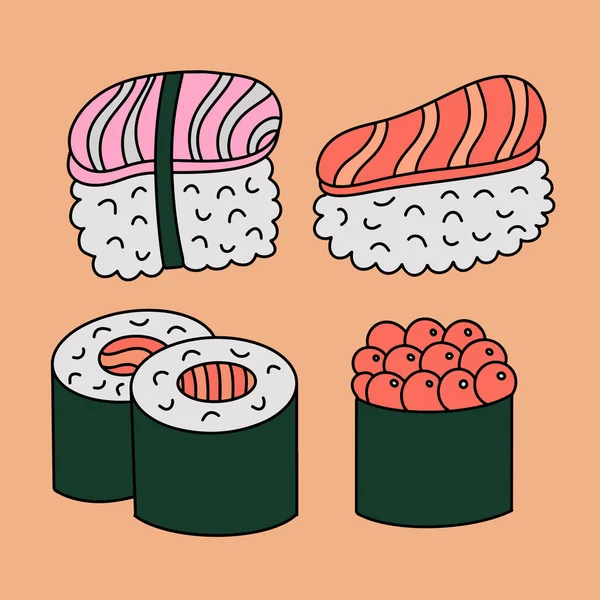 Set Aus Verschiedenen Handgezeichneten Sushi Doodle Nette Helle Illustration Mit — Stockvektor