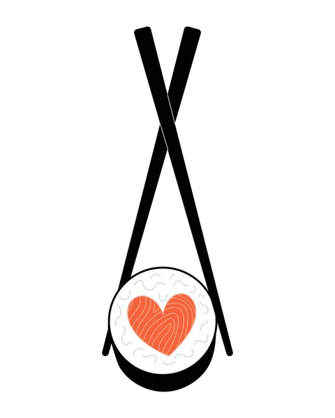 Affisch Med Japanska Ätpinnar Som Håller Hjärtformad Laxsushi Enkel Vektor — Stock vektor