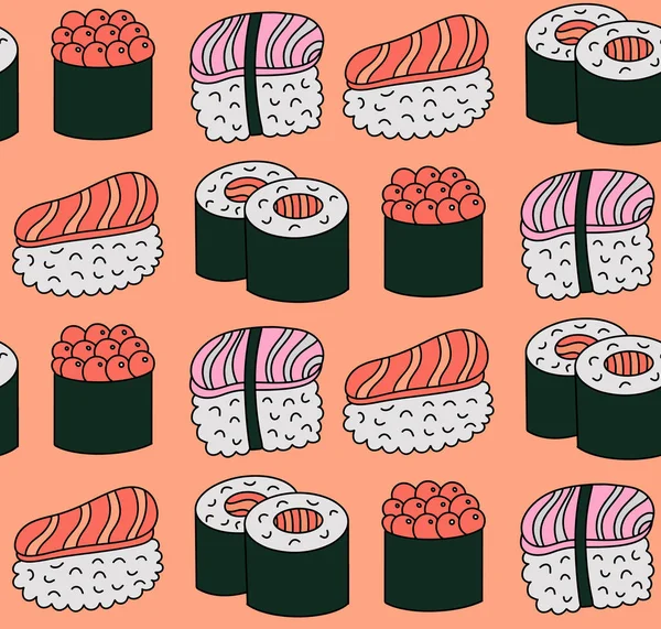 Sømløs Bakgrunn Med Lyse Søte Sushi Håndtegnede Doodler Konturtegning Med – stockvektor