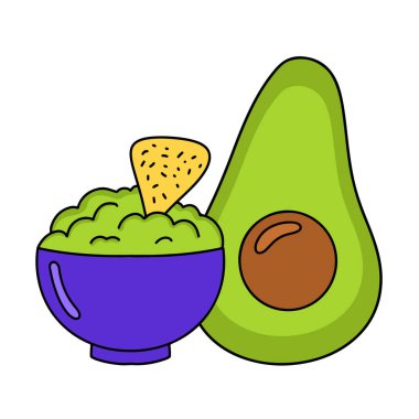 Nacho soslu guacamole. Geleneksel Meksika latin amerikan avokado sosu. Guacamole aperatifli seramik kase, tortilla cipsi ve avokado. Çizgi film düz biçimli vektör illüstrasyonu