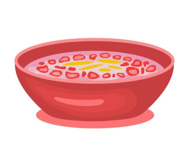 Thapthit krop mu yoksa Red Ruby Dessert mı? Geleneksel Tayland tatlı yemeği. Su kestanesinden nar tohumları, kırmızı nar şurubu, mango. Vektör illüstrasyonu beyaz arkaplanda izole edildi