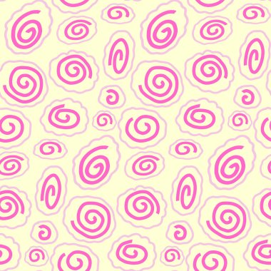 Narutomaki 'nin elle çizilmiş karalamalarıyla kusursuz bir arkaplan. Pembe kıvrımlı ramen soslu balık keki. Asya yemekleri soyut vektör arkaplan, doku, duvar kağıdı, baskı.