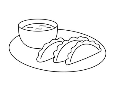 Japon gyoza 'sı ya da tabakta soslu Jiaozi köftesi. Basit siyah beyaz el çizimi vektör çizimi. İçerik çizimi.