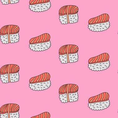 Kusursuz desenli arka plan ve parlak, şirin suşi çizimleri. Ana hatlı Contour çizimi, Asyalı yemek vektörü illüstrasyon arkaplanı, baskı, duvar kağıdı.