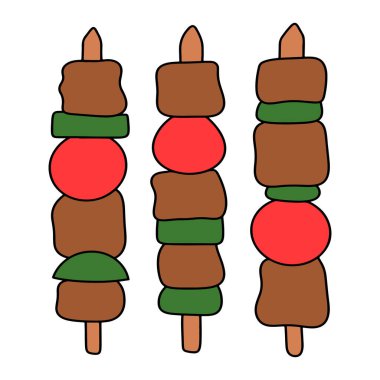 Saten ya da baharatlı, şiş ve ızgara Güneydoğu Asya yemeği. Çubuklara et ve sebze çizilmiş basit bir el yazısı. Tavuk şiş çizimi. Geleneksel Asya mutfağı