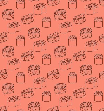 Kusursuz desenli arka plan, şirin suşi el çizimi parlak somon pembe arka plan üzerine karalamalar. Contour çizimi, Asya yemek vektör çizimi baskısı, duvar kağıdı, doku tasarımı.