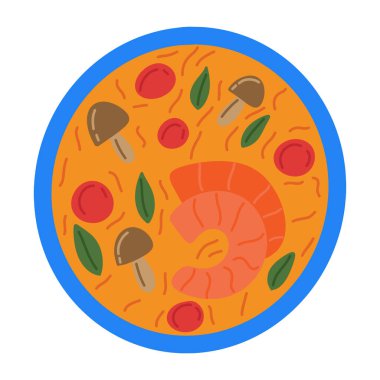 Tom Yum - Tayland usulü karides ve mantarlı sıcak ve ekşi balık çorbası. Tabak basit elle çizilmiş düz şekil çizim vektör illüstrasyonunda. Asya yemekleri. Tayland mutfağı.