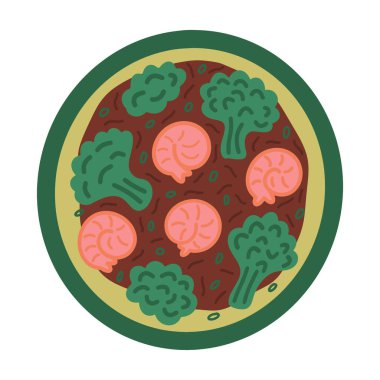 Kahverengi soslu karides ve brokoli, geleneksel Çin yemeği. Basit el çizimi karalama vektör çizimi. Asya yemek tabağı.