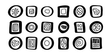 El çizimi, soyut geometrik suşi karalama simgeleri. Farklı ekmeklerde stilize edilmiş. Asya yemekleri siyah ve beyaz ana hatları çizim çizimi resim koleksiyonu