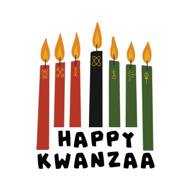 Kinara mumlu mutlu Kwanzaa tebrik kartı - kırmızı, siyah, yeşil ve Kwanzaa 'nın yedi prensibinin el çizimi sembolleri. Afro-Amerikan mirası kutlaması için şirin basit bir şablon.