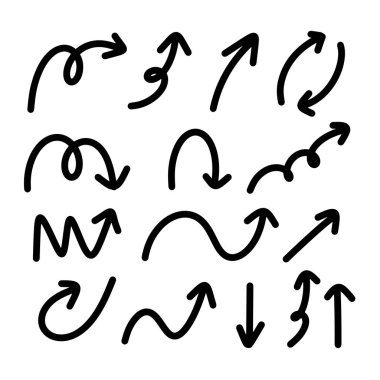 Set of different hand drawn arrow pointers. Vector icons set. Smooth different sketch arrows for education and business design isolated on white background.