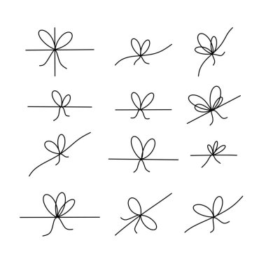 Simple hand drawn line bows on ribbon vector set. Rope knots on string, different bowknots design collection isolated on white background.