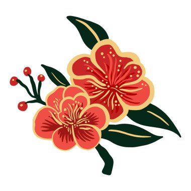 Çin Yeni Yıl çiçeği. Asya tarzı şakayık çiçeği. Basit el çizimi düz stil vektör çizimi beyaz arkaplanda izole edildi. Doğu tasarımı için dekoratif öge.