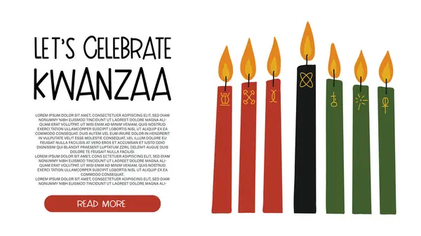 Kwanzaa için Kinara mumlu vektör sancağı - kırmızı, siyah, yeşil, Kwanza 'nın yedi prensibinin el çizimi sembolleri ve metin için yer kopyalama. Sevimli basit el çizimi tarzı.