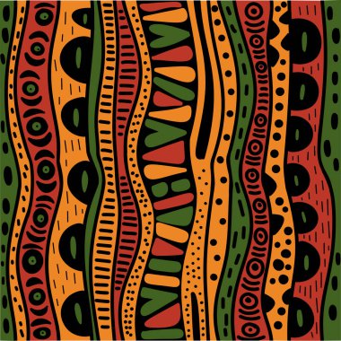 Geometrik şekilli, kırmızı, sarı, yeşil ve siyah noktalı geleneksel Afrika etnik deseni. Siyah Tarih Ayı ve Haziran ayı için arkaplan tasarımı.