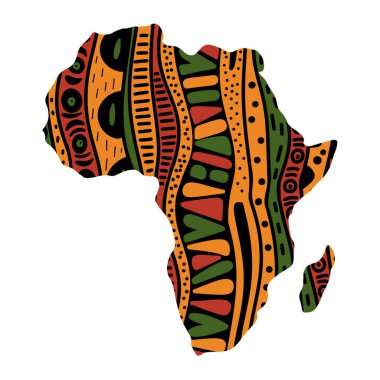 Afrika haritası, Afrika kıtasının dekoratif silüeti ve geleneksel Afrika etnik desen süsü. Siyah Tarih Ayı ve Haziran ayı için vektör logosu tasarımı.