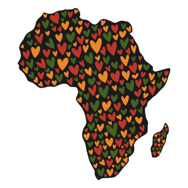 Afrika haritası, Afrika kıtasının elle çizilmiş kalpleriyle dekoratif silueti. Siyah Tarih Ayı ve Haziran ayı için vektör logosu sevimli tasarımı.
