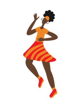 Dans eden ve kutlama yapan Afrikalı Amerikalı kadın. Şekillendirilmiş basit el çizimi illüstrasyon.