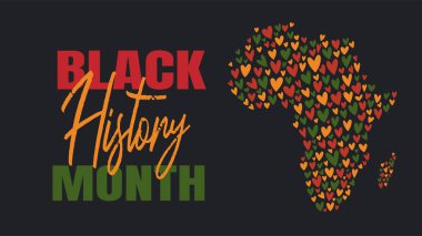 Siyah Tarih Ayı afişi - Afrika haritası ile Amerika 'da Afrikalı Amerikan mirası kutlaması, Afrika kıtasının elle çizilmiş kalpleri ile dekoratif siyah silueti - kırmızı, sarı, yeşil. Vektör Selamlaması