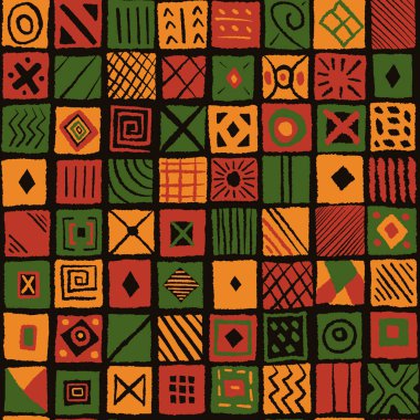 Soyut geometrik çizgiler ve süslemelerle dolu parlak kalın kiremit blokları olan Afrika etnik desensiz arka planı. Siyah tarih için kırmızı sarı basit el desenli kabile baskısı