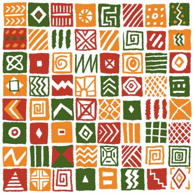 Afrika 'dan esinlenerek basit geometrik çizgiler ve şekillerle kare kare karo deseni çizildi. Parlak renkli etnik baskı, duvar kağıdı, Siyah Tarih Ayı için arka plan tasarımı, Haziran, Kwanzaa