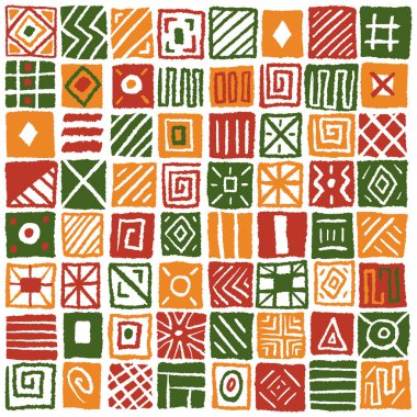 Basit geometrik çizgiler ve şekillerle soyut geometrik kare blok kiremitleri deseni. Afrika etnik baskısı, duvar kağıdı, Siyahların Tarihi Ayı için arkaplan tasarımı, Haziran, Kwanzaa.