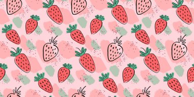 Kusursuz desenli arka plan, basit el çizimi çilekler. Çocuk duvar kağıdı, baskı, tekstil tasarımı.