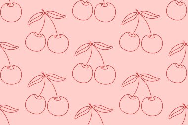 Kirazlar aralıksız tek çizgili desenli arka plan. Açık pembe arkaplan üzerinde vişne çizgisi minimalist grafik.