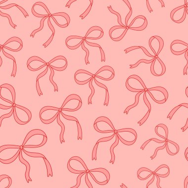 Uzun kurdelesiz desenli şirin fiyonklar. Basit minimalist romantik coquette vektör baskısı. Pembe arkaplanda birçok fiyonk var..