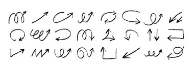 El çizimi grunge mürekkebi desenli oklar çizim seti. Beyaz arkaplanda izole edilmiş çeşitli farklı noktalar koleksiyonu.