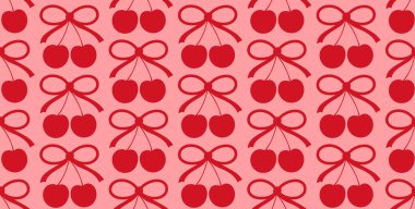 Kusursuz desenli arka plan. Pembe arka planda kırmızı kiraz rengi ve kurdele ikonu var. Flirty romantik kadınsı güzel pop sanat baskısı.