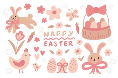 Happy Easter - vector set of simple hand drawn spring elements - cute bunny with ribbon bow, eggs, hen and chick, flowers doodles. Pastel pink warm tones color palette. clipart