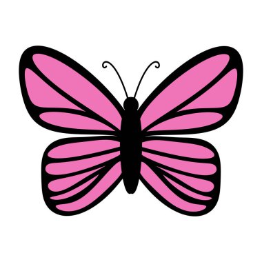 Basit el çizimi, beyaz arka planda izole edilmiş tek bir pembe kelebek çizimi.