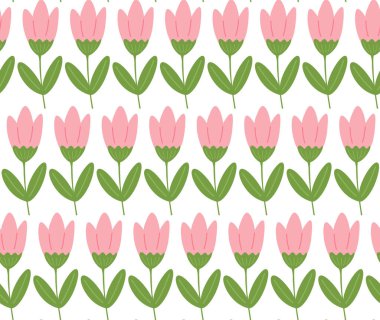 Şirin bahar tekrarı basit el çizimi lale çiçeğinin kusursuz desen arkaplanı beyaz arkaplan üzerine. Paskalya, 8 Mart ve bahar tasarımı için şirin izole vektör duvar kağıdı baskısı