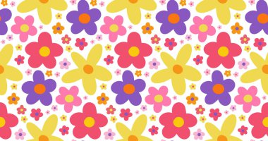 Parlak, pürüzsüz bir arka plan, bir sürü basit el çizimi, parlak renkli karalamalar. Bahar, yaz sevimli modern moda çiçek arkaplan duvar kağıdı tasarımı.