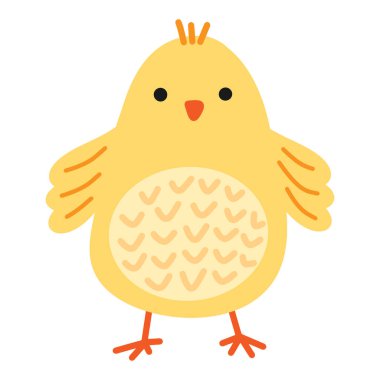 Şirin yavru tavuk basit, naif bir tasvir. Çiftlik hayvanı Kawaii karakteri. Beyaz arkaplanda vektör Paskalya zirvesi izole edildi.