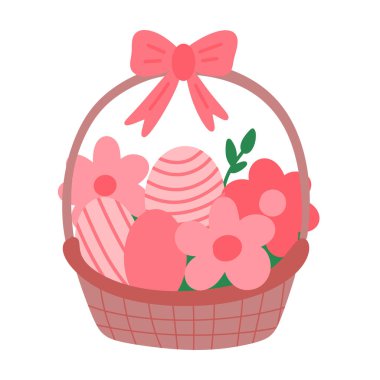 Çiçekler ve Renkli Süslü Yumurtalarla Paskalya Bahar Sepeti Saf El Çizimi Doodle Tarzı Vektörü.