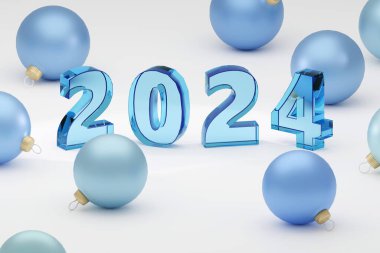 Gri arka planda yumuşak mavi cam Noel işareti 2024. Boşluk. Modern Asgari Yeni Yıl Konsepti 3B canlandırma