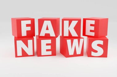 Fake news online internet media Deception and propaganda journalism 3D render illustration on red cubes