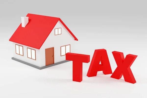 灰色の背景漫画のスタイルで赤い屋根を持つ最小限のかわいい家 サイン税3Dレンダリングイラスト — ストック写真