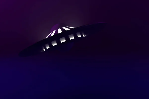 Vykreslování Ilustrace Ufo Létajícího Talíře Nad Mlhavou Oblohou — Stock fotografie