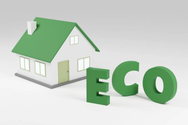 3d alphabet, letters shape made of tiny house on grey background, 3d render, sign ECO Funny design concept
