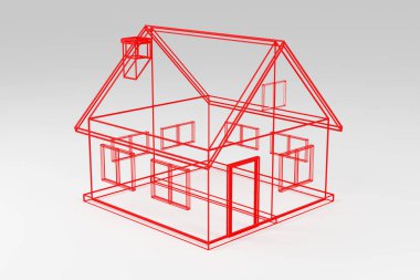 Minimal cute house with red roof on grey background cartoon style. 3d rendering illustration