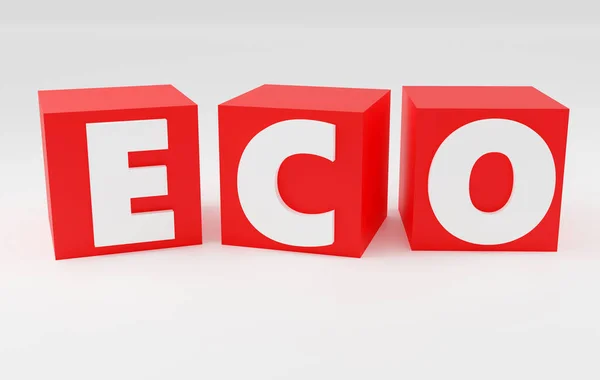 Alfabet Kształt Liter Czerwonych Kostek Szarym Tle Renderowanie Znak Eco — Zdjęcie stockowe