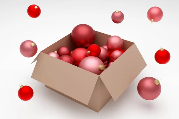 Múltiplas Bolas Natal Vermelho Ornamentos Brilhantes Caixa Fundo Cinza Claro — Fotografia de Stock