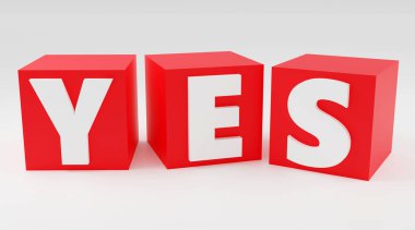 Luxury inscription Yes on red cubes on grey podium, soft light, smooth background, 3d rendering