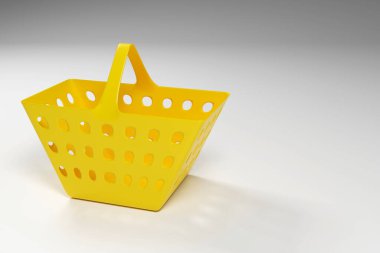 Gri arka planda boş parlak sarı alışveriş sepeti. Boşluk ile 3d resimleme